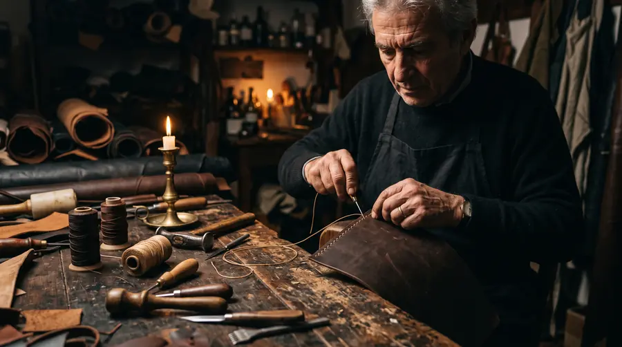 Artisan travaillant un cuir pleine fleur au poinçon